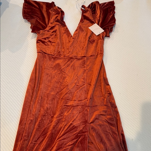 Rust Velvet Dress with Ruffled Sleeves - Picture 1 of 2